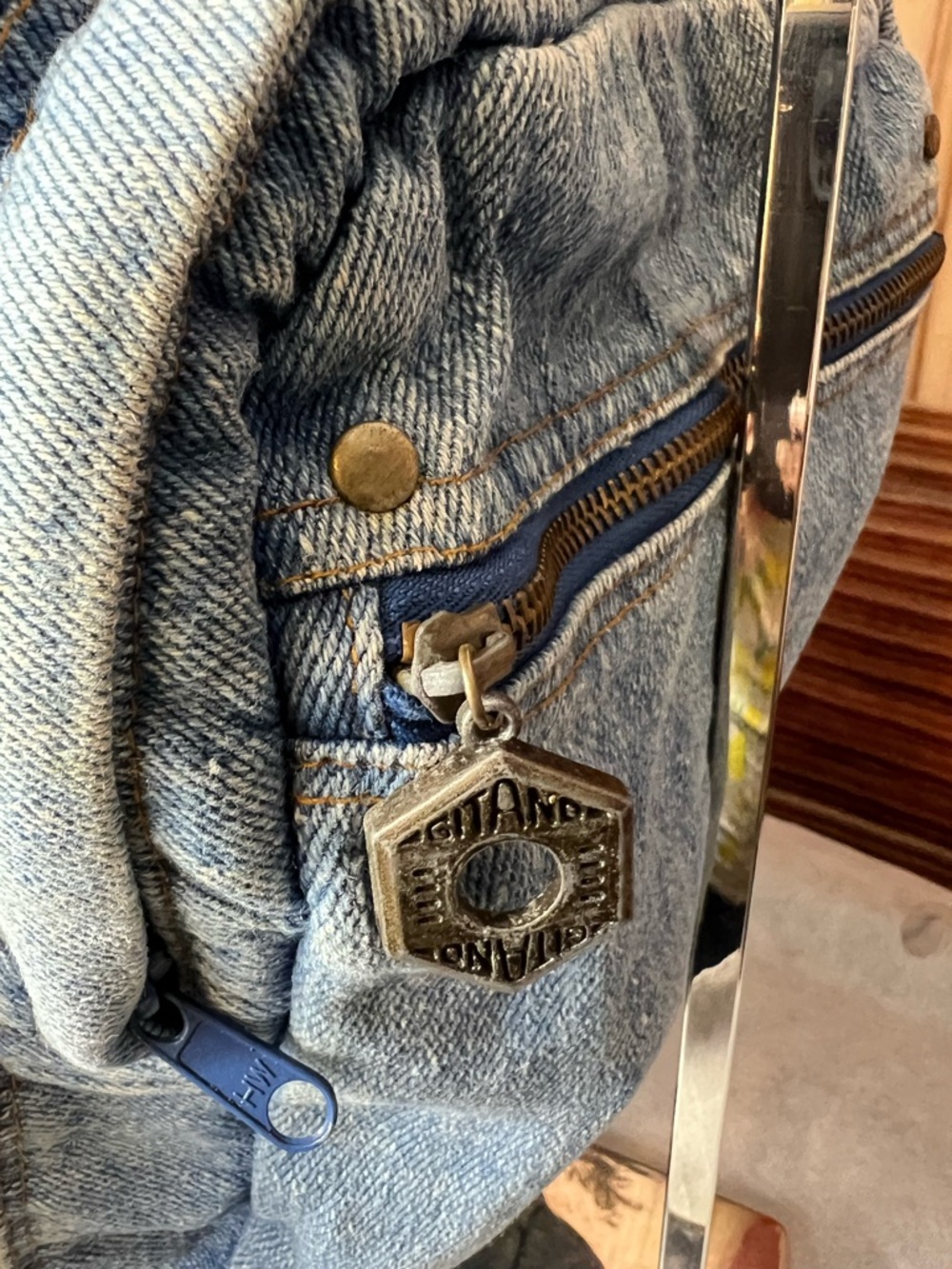 Vintage Gitano Blue Denim Backpack, top zip, front zip compartments, side pocket - Picture 12 of 15